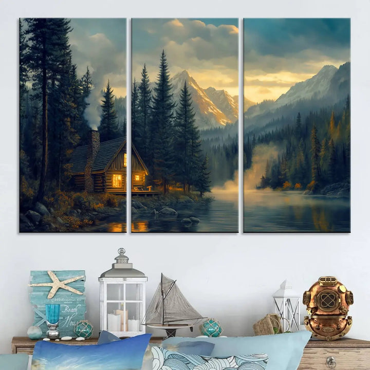 The cozy living room is enhanced by nature-inspired artwork, featuring the "Mountain Cabin by the Lake at Sunset" wall art—a serene nature canvas print perfect for rustic lodge decor.