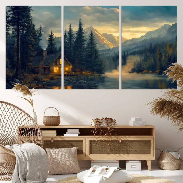 The cozy living room is enhanced by nature-inspired artwork, featuring the "Mountain Cabin by the Lake at Sunset" wall art—a serene nature canvas print perfect for rustic lodge decor.