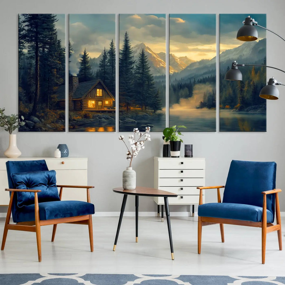 The cozy living room is enhanced by nature-inspired artwork, featuring the "Mountain Cabin by the Lake at Sunset" wall art—a serene nature canvas print perfect for rustic lodge decor.