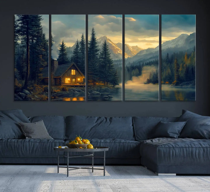 The cozy living room is enhanced by nature-inspired artwork, featuring the "Mountain Cabin by the Lake at Sunset" wall art—a serene nature canvas print perfect for rustic lodge decor.