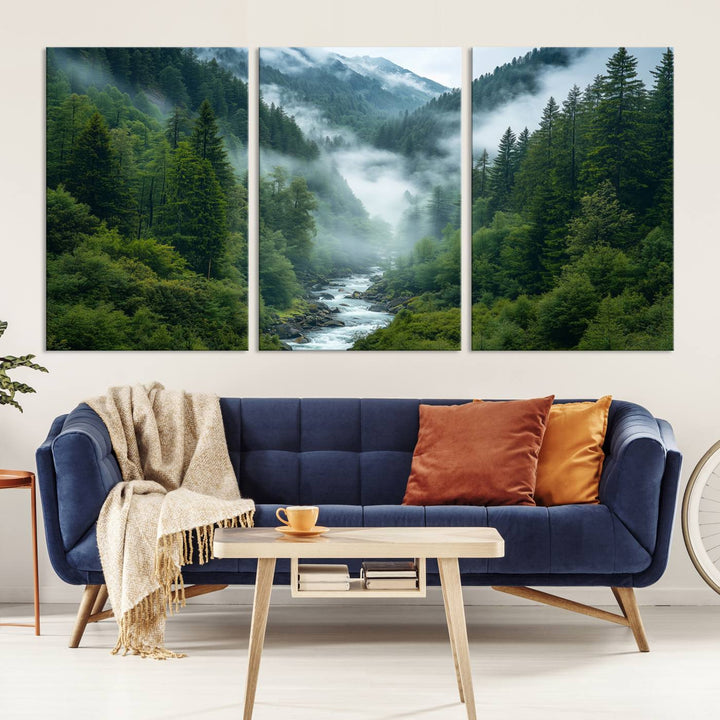 Mountain Forest River Canvas Wall Art Print - Serene Nature Landscape for Living Room, Office, or Bedroom, Tranquil Forest Wall Decor