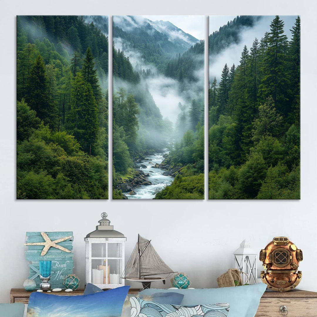 Mountain Forest River Canvas Wall Art Print - Serene Nature Landscape for Living Room, Office, or Bedroom, Tranquil Forest Wall Decor