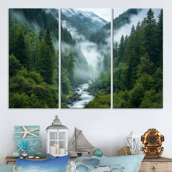 Mountain Forest River Canvas Wall Art Print - Serene Nature Landscape for Living Room, Office, or Bedroom, Tranquil Forest Wall Decor