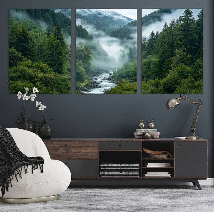 Mountain Forest River Canvas Wall Art Print - Serene Nature Landscape for Living Room, Office, or Bedroom, Tranquil Forest Wall Decor