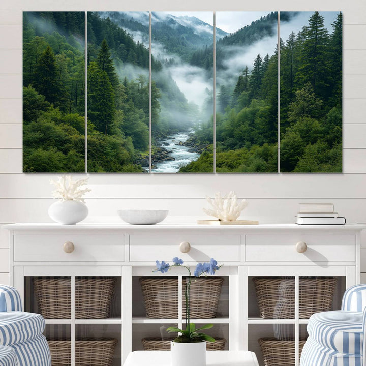 69453-MGV-CV-60X31-5P-Mountain Forest River Canvas Wall Art Print - Serene Nature Landscape for Living Room, Office, or Bedroom, Tranquil Forest Wall Decor