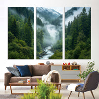 Mountain Forest River Canvas Wall Art Print - Serene Nature Landscape for Living Room, Office, or Bedroom, Tranquil Forest Wall Decor