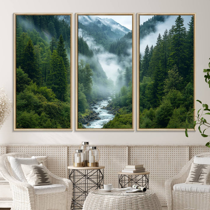 69453-MGV-FC-48X32-3P_Natural-Mountain Forest River Canvas Wall Art Print - Serene Nature Landscape for Living Room, Office, or Bedroom, Tranquil Forest Wall Decor