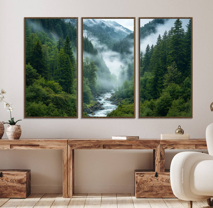 69453-MGV-FC-48X32-3P_Walnut-Mountain Forest River Canvas Wall Art Print - Serene Nature Landscape for Living Room, Office, or Bedroom, Tranquil Forest Wall Decor