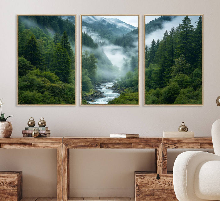 69453-MGV-FC-60X30-3P_Natural-Mountain Forest River Canvas Wall Art Print - Serene Nature Landscape for Living Room, Office, or Bedroom, Tranquil Forest Wall Decor