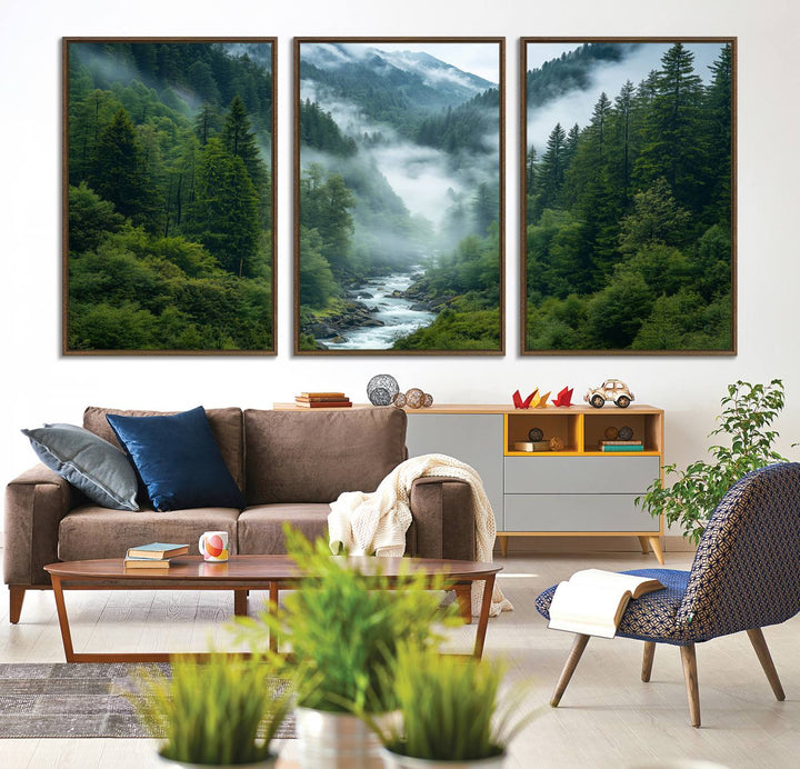 69453-MGV-FC-60X30-3P_Walnut-Mountain Forest River Canvas Wall Art Print - Serene Nature Landscape for Living Room, Office, or Bedroom, Tranquil Forest Wall Decor