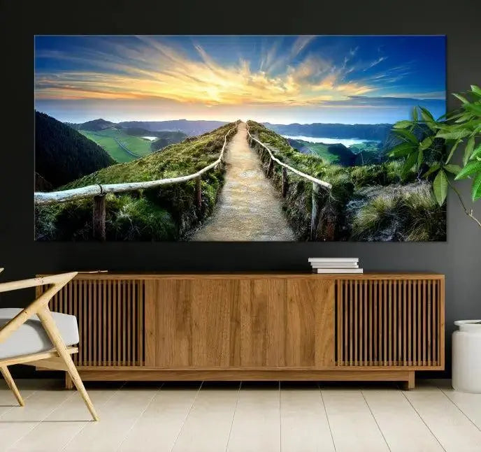 The "Mountain Landscape Wall Art Canvas Print" features a triptych of scenic mountain views leading to a vibrant sunset, with each piece gallery-wrapped on museum-quality canvas and UV-protected.