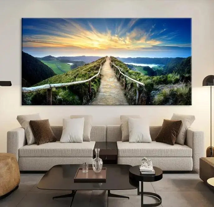 The "Mountain Landscape Wall Art Canvas Print" features a triptych of scenic mountain views leading to a vibrant sunset, with each piece gallery-wrapped on museum-quality canvas and UV-protected.