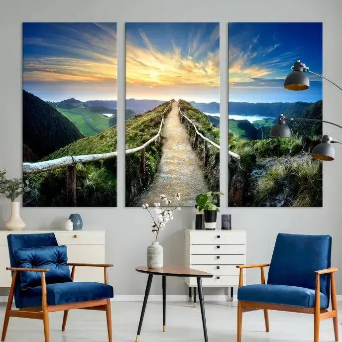 The "Mountain Landscape Wall Art Canvas Print" features a triptych of scenic mountain views leading to a vibrant sunset, with each piece gallery-wrapped on museum-quality canvas and UV-protected.