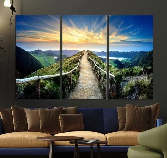 The "Mountain Landscape Wall Art Canvas Print" features a triptych of scenic mountain views leading to a vibrant sunset, with each piece gallery-wrapped on museum-quality canvas and UV-protected.