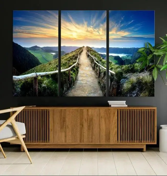 The "Mountain Landscape Wall Art Canvas Print" features a triptych of scenic mountain views leading to a vibrant sunset, with each piece gallery-wrapped on museum-quality canvas and UV-protected.