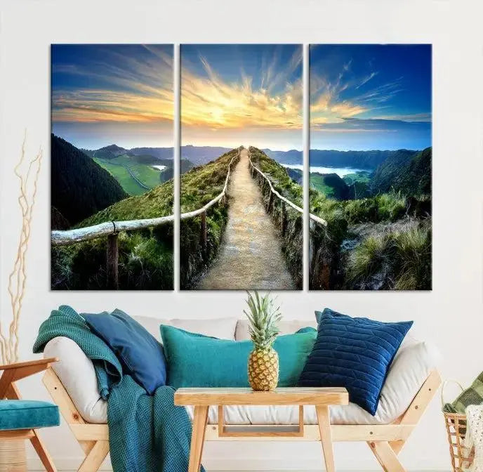 The "Mountain Landscape Wall Art Canvas Print" features a triptych of scenic mountain views leading to a vibrant sunset, with each piece gallery-wrapped on museum-quality canvas and UV-protected.