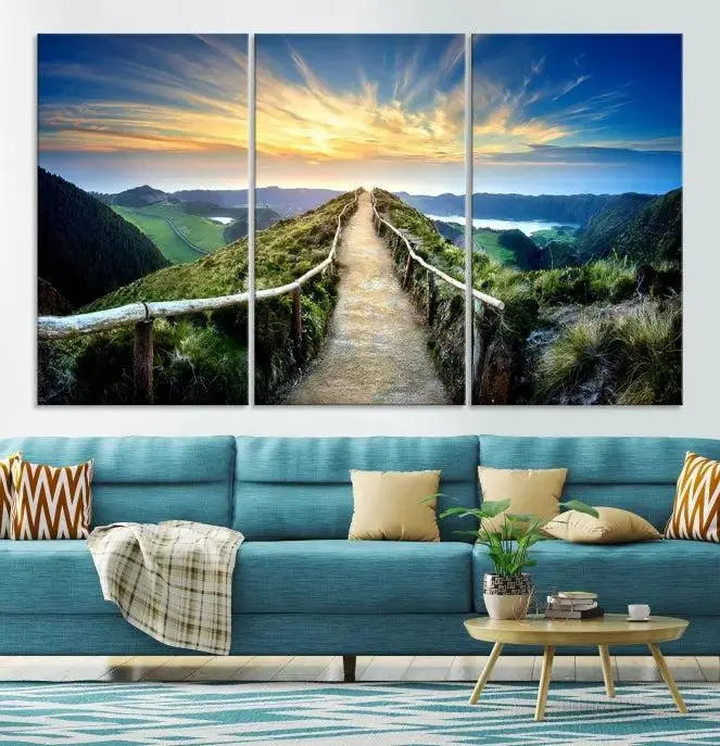 The "Mountain Landscape Wall Art Canvas Print" features a triptych of scenic mountain views leading to a vibrant sunset, with each piece gallery-wrapped on museum-quality canvas and UV-protected.