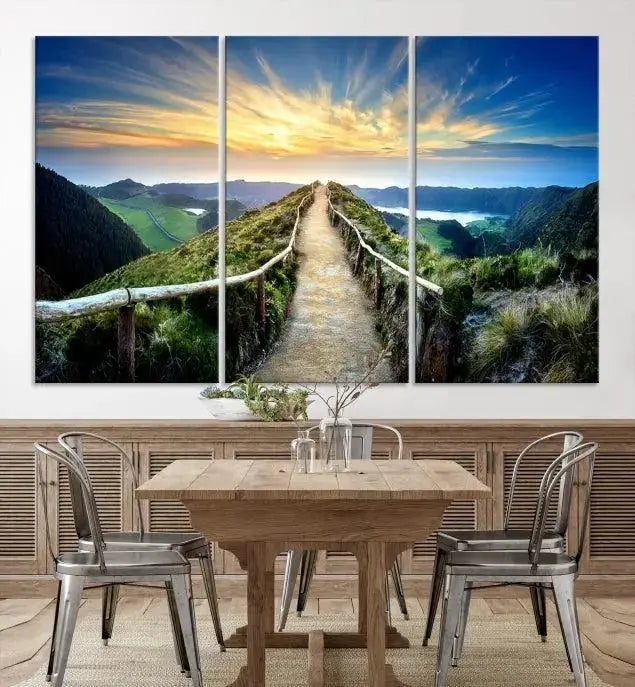 The "Mountain Landscape Wall Art Canvas Print" features a triptych of scenic mountain views leading to a vibrant sunset, with each piece gallery-wrapped on museum-quality canvas and UV-protected.