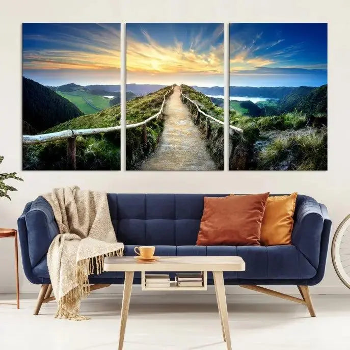 The "Mountain Landscape Wall Art Canvas Print" features a triptych of scenic mountain views leading to a vibrant sunset, with each piece gallery-wrapped on museum-quality canvas and UV-protected.