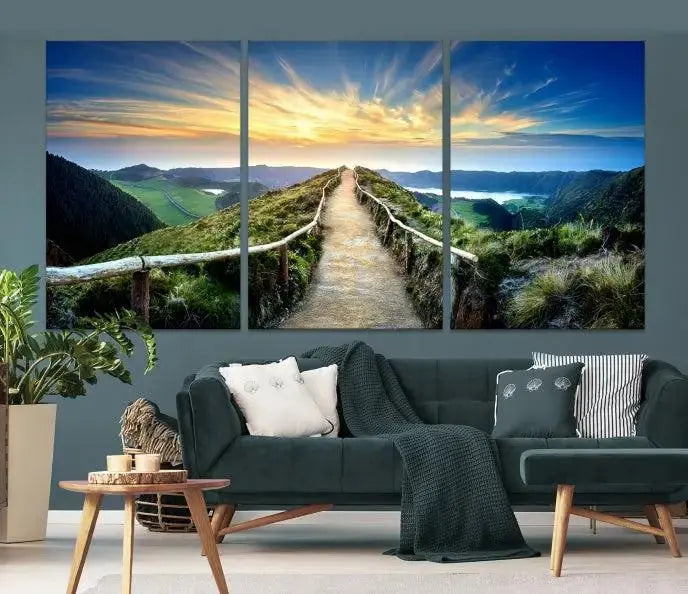 The "Mountain Landscape Wall Art Canvas Print" features a triptych of scenic mountain views leading to a vibrant sunset, with each piece gallery-wrapped on museum-quality canvas and UV-protected.