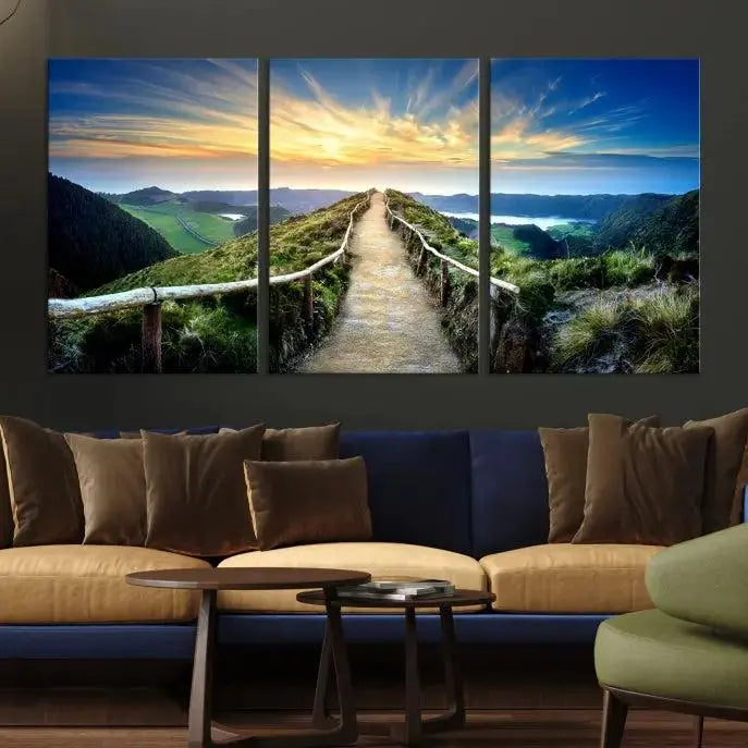 The "Mountain Landscape Wall Art Canvas Print" features a triptych of scenic mountain views leading to a vibrant sunset, with each piece gallery-wrapped on museum-quality canvas and UV-protected.