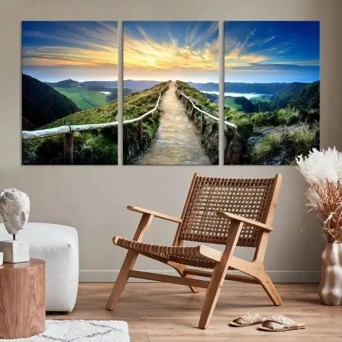 The "Mountain Landscape Wall Art Canvas Print" features a triptych of scenic mountain views leading to a vibrant sunset, with each piece gallery-wrapped on museum-quality canvas and UV-protected.