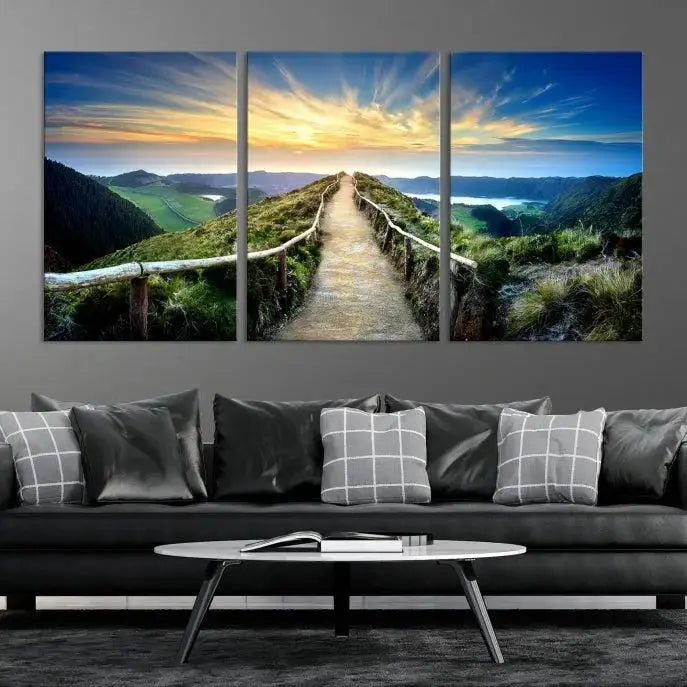 The "Mountain Landscape Wall Art Canvas Print" features a triptych of scenic mountain views leading to a vibrant sunset, with each piece gallery-wrapped on museum-quality canvas and UV-protected.