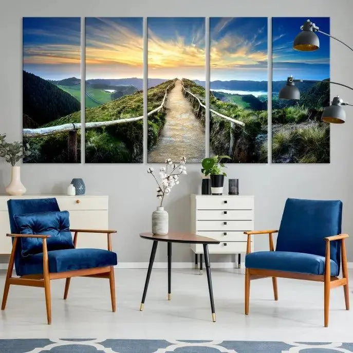 The "Mountain Landscape Wall Art Canvas Print" features a triptych of scenic mountain views leading to a vibrant sunset, with each piece gallery-wrapped on museum-quality canvas and UV-protected.