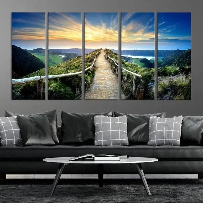 The "Mountain Landscape Wall Art Canvas Print" features a triptych of scenic mountain views leading to a vibrant sunset, with each piece gallery-wrapped on museum-quality canvas and UV-protected.