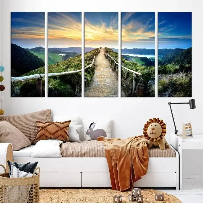 The "Mountain Landscape Wall Art Canvas Print" features a triptych of scenic mountain views leading to a vibrant sunset, with each piece gallery-wrapped on museum-quality canvas and UV-protected.