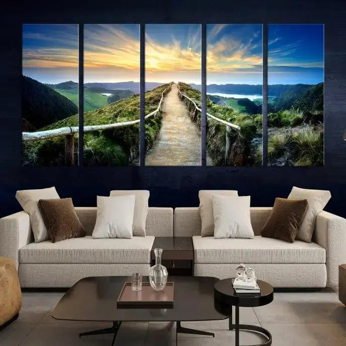 The "Mountain Landscape Wall Art Canvas Print" features a triptych of scenic mountain views leading to a vibrant sunset, with each piece gallery-wrapped on museum-quality canvas and UV-protected.