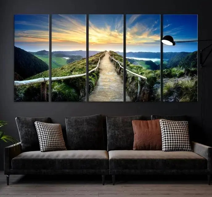 The "Mountain Landscape Wall Art Canvas Print" features a triptych of scenic mountain views leading to a vibrant sunset, with each piece gallery-wrapped on museum-quality canvas and UV-protected.