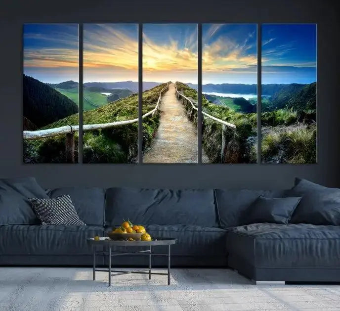 The "Mountain Landscape Wall Art Canvas Print" features a triptych of scenic mountain views leading to a vibrant sunset, with each piece gallery-wrapped on museum-quality canvas and UV-protected.