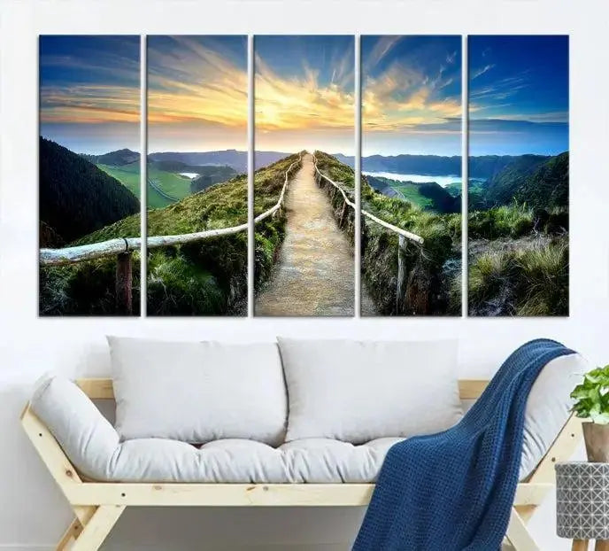 The "Mountain Landscape Wall Art Canvas Print" features a triptych of scenic mountain views leading to a vibrant sunset, with each piece gallery-wrapped on museum-quality canvas and UV-protected.