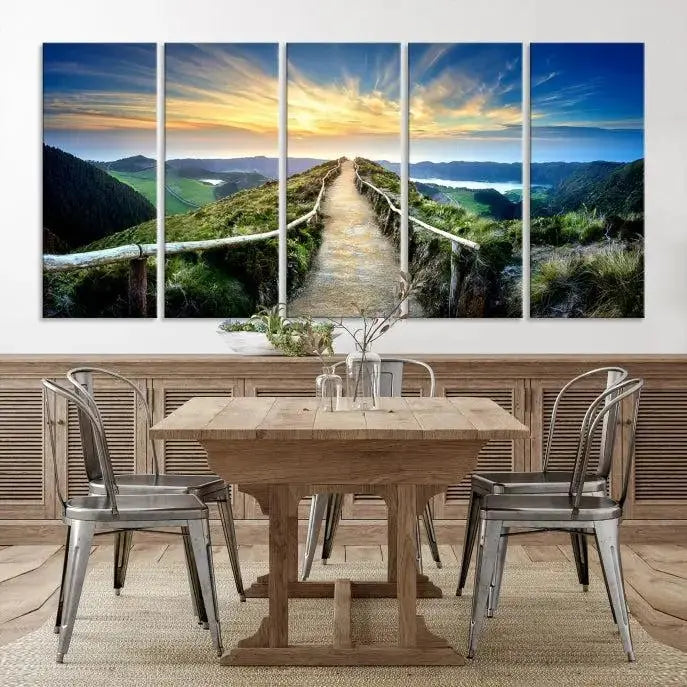 The "Mountain Landscape Wall Art Canvas Print" features a triptych of scenic mountain views leading to a vibrant sunset, with each piece gallery-wrapped on museum-quality canvas and UV-protected.