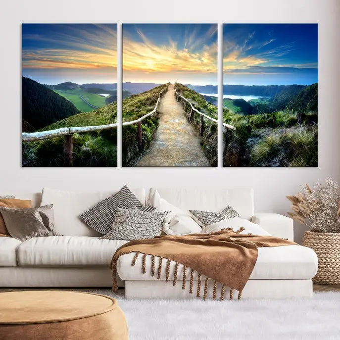 The "Mountain Landscape Wall Art Canvas Print" features a triptych of scenic mountain views leading to a vibrant sunset, with each piece gallery-wrapped on museum-quality canvas and UV-protected.