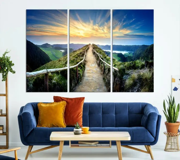 The "Mountain Landscape Wall Art Canvas Print" features a triptych of scenic mountain views leading to a vibrant sunset, with each piece gallery-wrapped on museum-quality canvas and UV-protected.