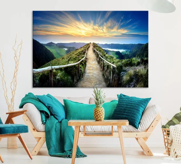 The "Mountain Landscape Wall Art Canvas Print" features a triptych of scenic mountain views leading to a vibrant sunset, with each piece gallery-wrapped on museum-quality canvas and UV-protected.