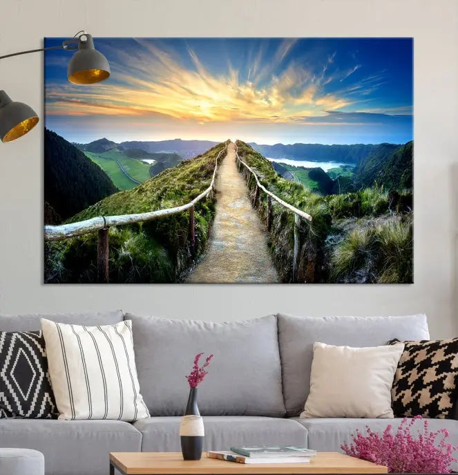 The "Mountain Landscape Wall Art Canvas Print" features a triptych of scenic mountain views leading to a vibrant sunset, with each piece gallery-wrapped on museum-quality canvas and UV-protected.