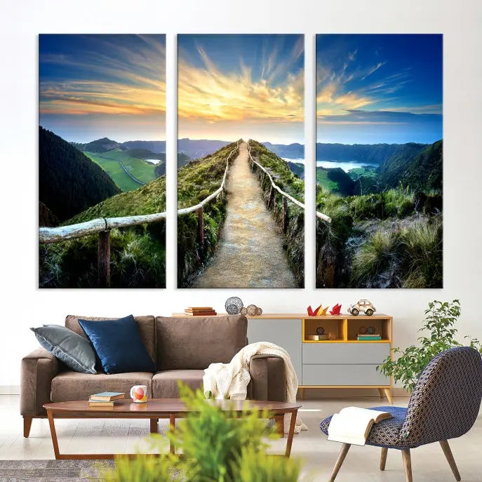 The "Mountain Landscape Wall Art Canvas Print" features a triptych of scenic mountain views leading to a vibrant sunset, with each piece gallery-wrapped on museum-quality canvas and UV-protected.