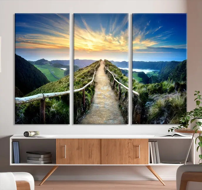 The "Mountain Landscape Wall Art Canvas Print" features a triptych of scenic mountain views leading to a vibrant sunset, with each piece gallery-wrapped on museum-quality canvas and UV-protected.