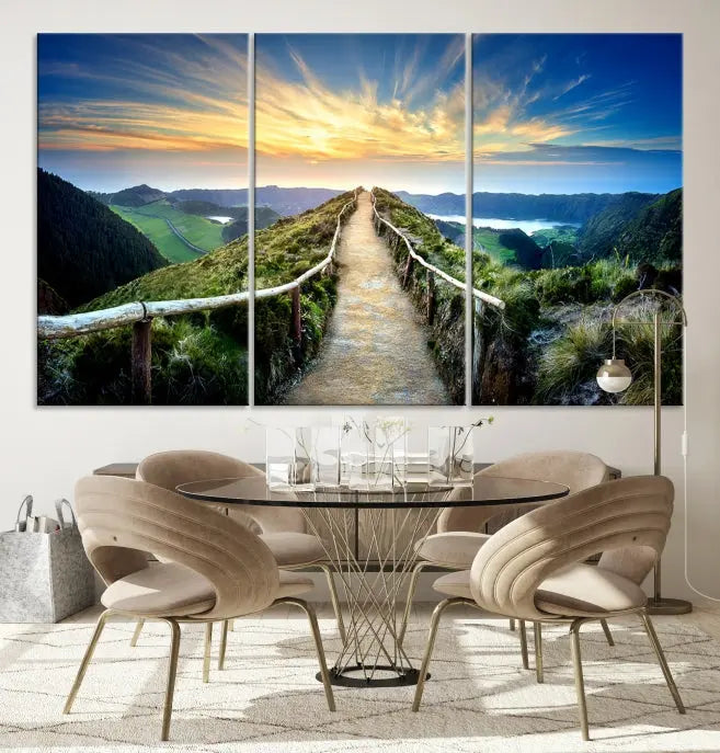 The "Mountain Landscape Wall Art Canvas Print" features a triptych of scenic mountain views leading to a vibrant sunset, with each piece gallery-wrapped on museum-quality canvas and UV-protected.