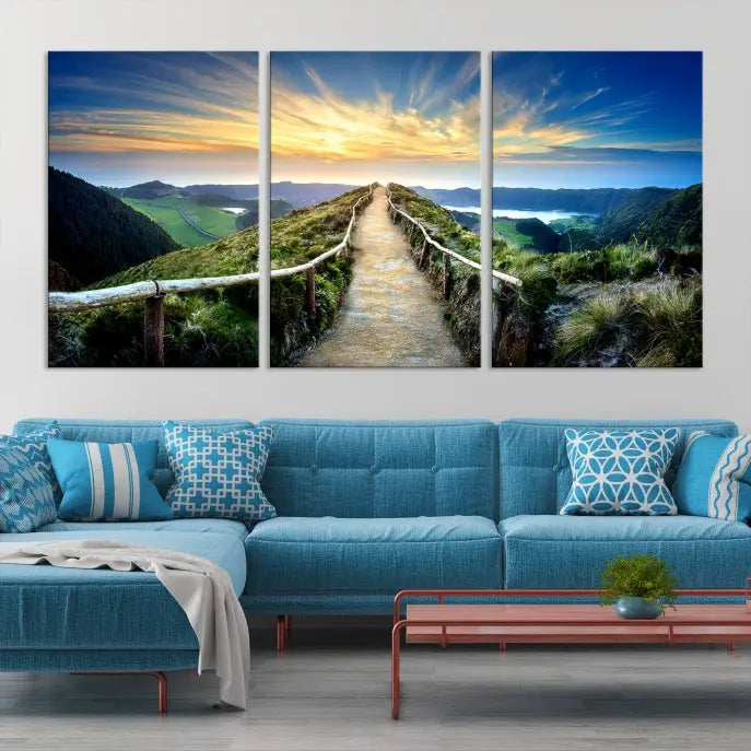 The "Mountain Landscape Wall Art Canvas Print" features a triptych of scenic mountain views leading to a vibrant sunset, with each piece gallery-wrapped on museum-quality canvas and UV-protected.