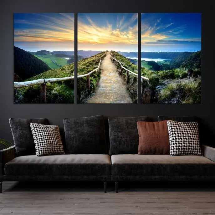 The "Mountain Landscape Wall Art Canvas Print" features a triptych of scenic mountain views leading to a vibrant sunset, with each piece gallery-wrapped on museum-quality canvas and UV-protected.