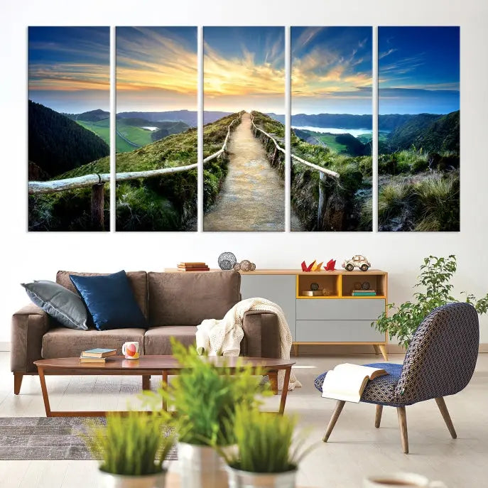 The "Mountain Landscape Wall Art Canvas Print" features a triptych of scenic mountain views leading to a vibrant sunset, with each piece gallery-wrapped on museum-quality canvas and UV-protected.