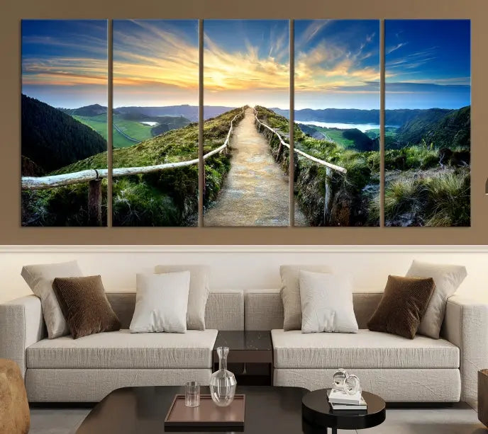 The "Mountain Landscape Wall Art Canvas Print" features a triptych of scenic mountain views leading to a vibrant sunset, with each piece gallery-wrapped on museum-quality canvas and UV-protected.