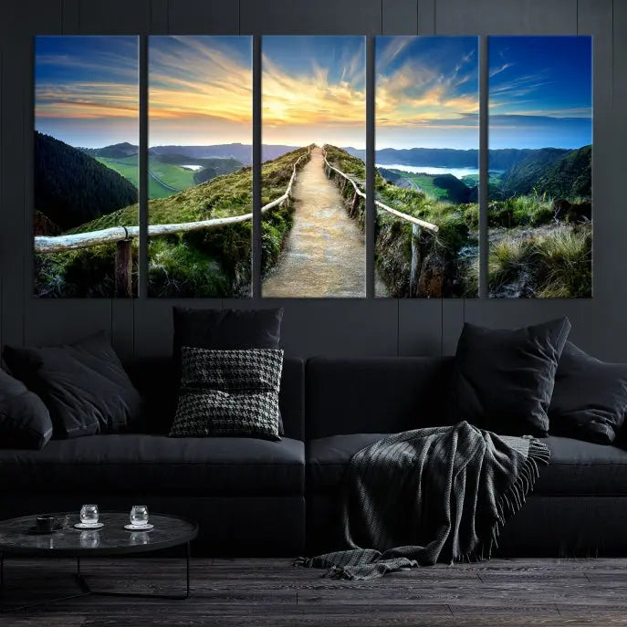 The "Mountain Landscape Wall Art Canvas Print" features a triptych of scenic mountain views leading to a vibrant sunset, with each piece gallery-wrapped on museum-quality canvas and UV-protected.