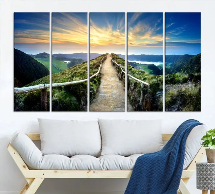 The "Mountain Landscape Wall Art Canvas Print" features a triptych of scenic mountain views leading to a vibrant sunset, with each piece gallery-wrapped on museum-quality canvas and UV-protected.