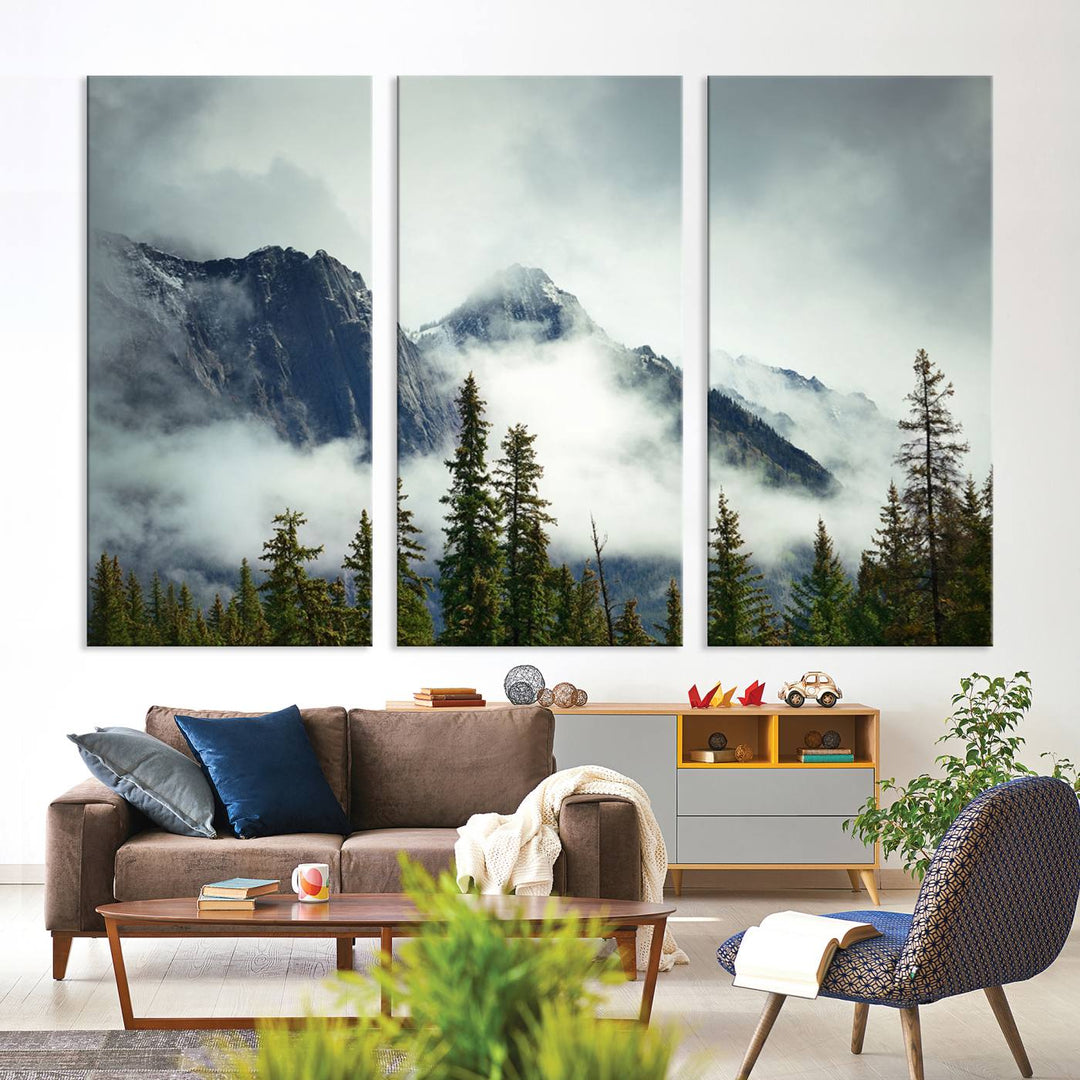 Mountain Mist Canvas Wall Art Print | 3-Panel Foggy Forest and Mountain Landscape | Large Giclee Print for Living Room, Office, or Cabin,