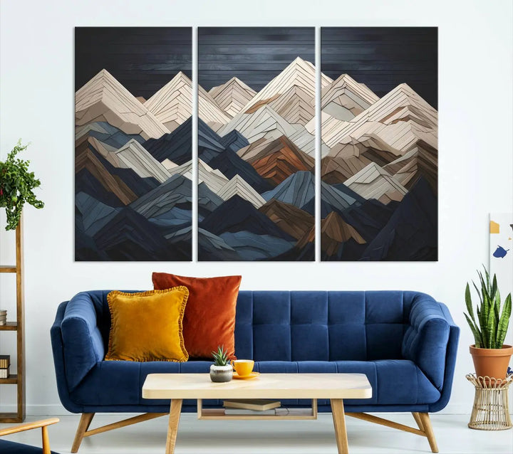 The living room features the Wood Mountain Range Wall Art - Ready to Hang 3-Piece Set in an abstract wooden design, contributing to the space's modern rustic decor.